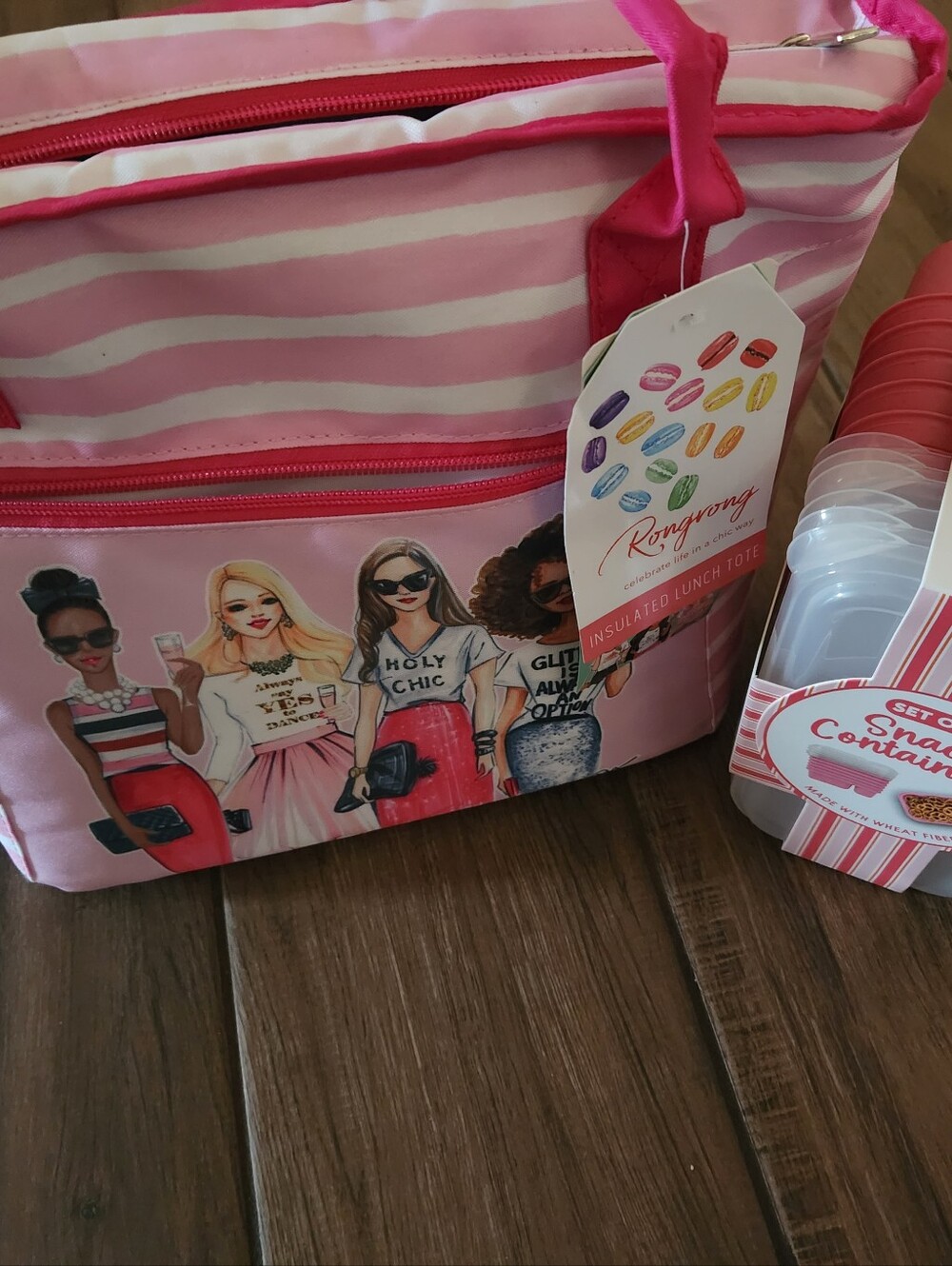 Pink Striped Insulated Lunch Tote with Fashion Girls Print And Snack Trays